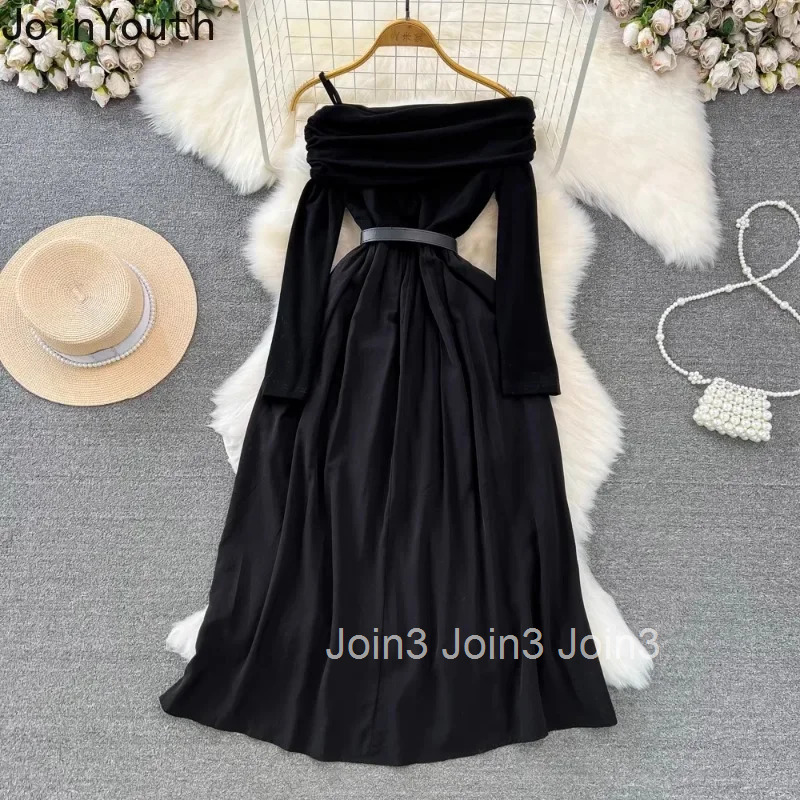 2025 Vestidos De Mujer Floral Dress Women Sexy Slash Neck Black Robe Femme Slom Waist Off Shoulder A-line Temperament Dresses