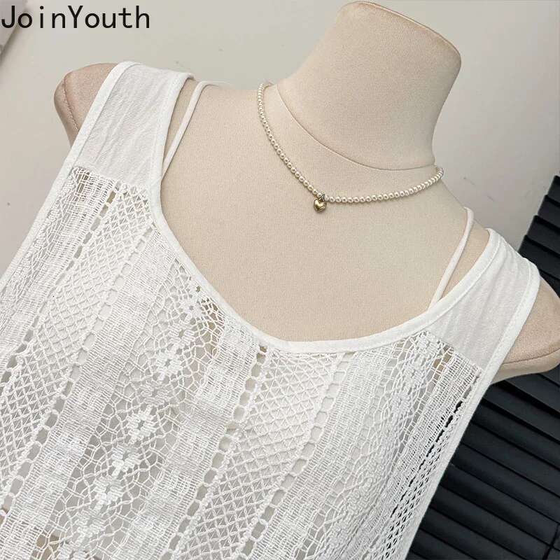 Summer Sweet Tanks 2024 Women Clothing Sleeveless Loose Camis Solid Color Hollow Out Patchwork Lace Tanks Y2k Tops Ropa Mujer