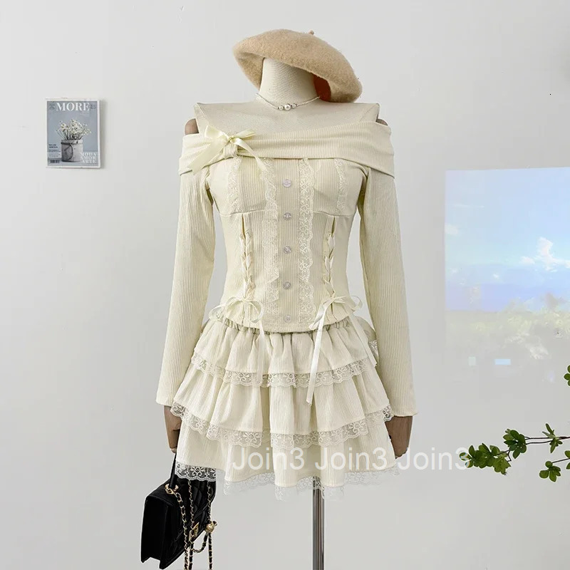 Skirt 2 Piece Sets Womens Outfits Roupas Femme Slash Neck Bandage Bow Tops Patchwork Lace A-line Mini Skirts Suit Chic Sweet Set
