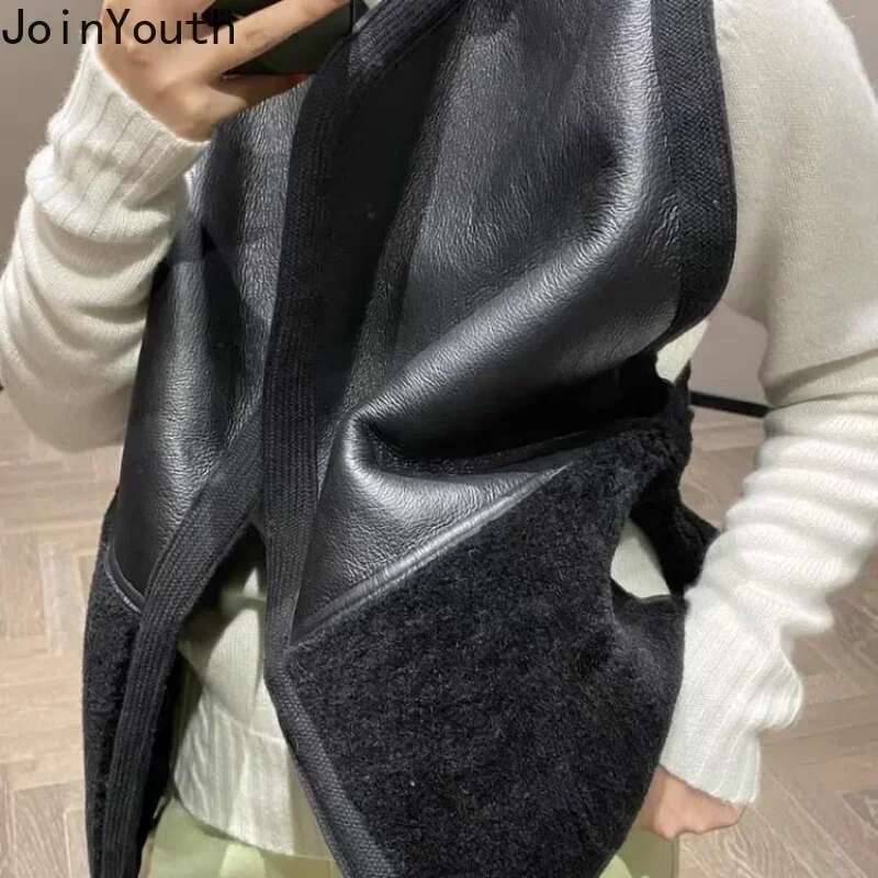 2025 Ropa Mujer Thicked Vest for Women Patchwork PU Black Tanks Jackets Fashion Casual Waistcoat Korean Tops Y2k Clothes 27L170