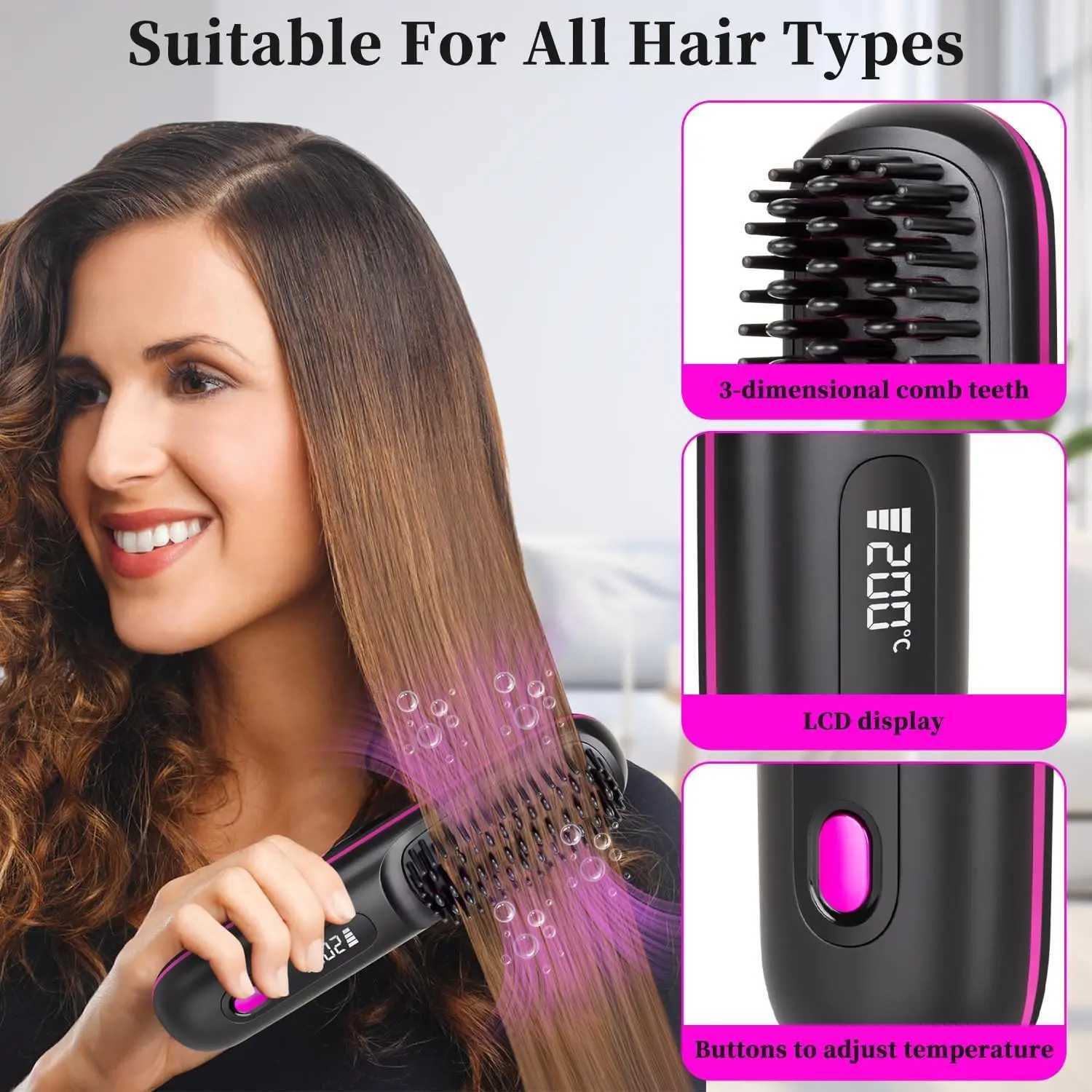 Electric LCD Usb Hair Straightener Brush -Portable Mini Hair Straightener Comb Dual Voltage with 3Temp-SettingsTravel-ReadyXJ250621