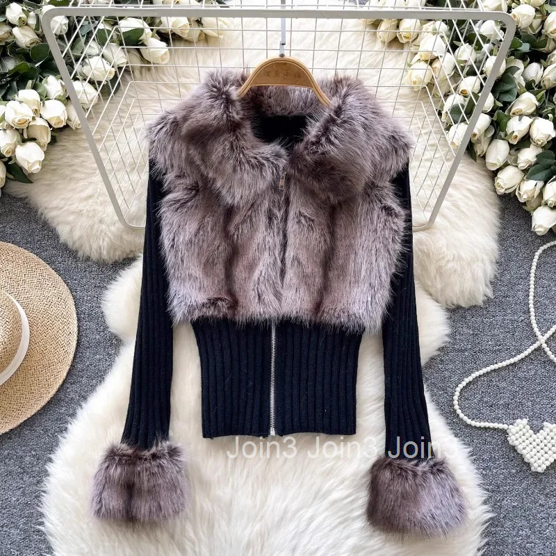 Patchwork Furry Cropped Cardigan Coat Womens Clothing Zipper Slim Fit Sueter Mujre Y2k Tops Fashion Casual Knitting Sweater