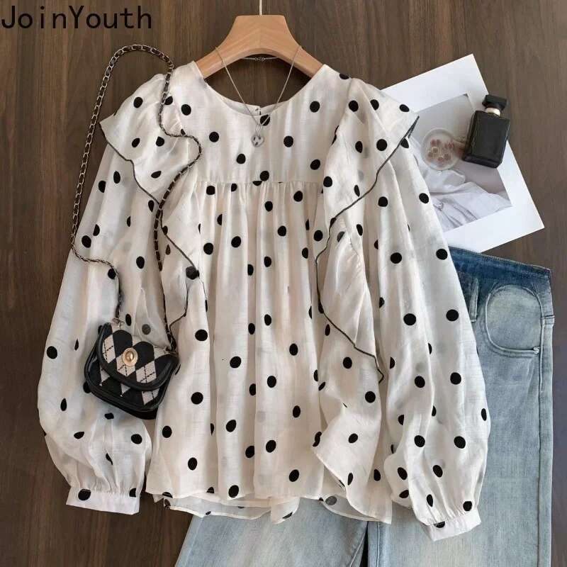 Polka Dot Blouses for Women O-neck Long Sleeve Loose Shirts 2025 Blusas Mujer De Moda Fashion Sweet Ruffles Summer Blouse Tops