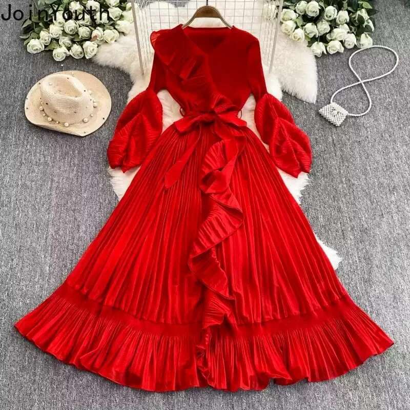 Temperament Robe Femme Ruffles Maxi Dress Women Clothes V-neck Slim Waist Big Swing Pleated Dresses 2025 Vestidos De Mujer