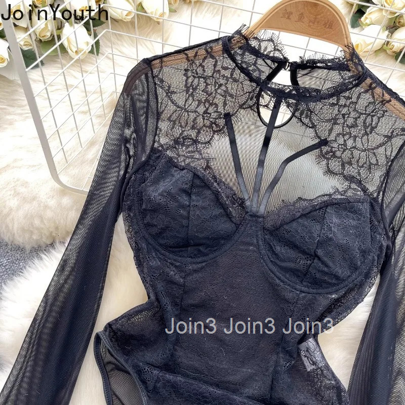 Women Patchwork Lace Sexy Bodysuit See Through Tunic Jumpsuit Hollow Out Fashion Korean Playsuit Y2k Tops Bodysuit Spring Summer