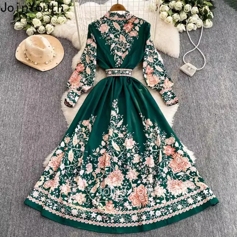 2025 Vestidos De Mujer Floral Chiffon Dresses for Women Slim Waist Temperament Chiffon Robe Femme Stand Neck Vintage Maxi Dress