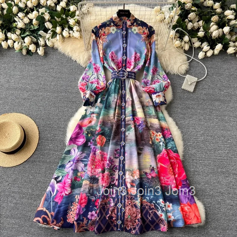 Vintage Dresses Women 2025 Vestidos De Mujer Stand Neck Lantern Sleeve Floral Tunic Robe Femme Single Breasted Summer Maxi Dress