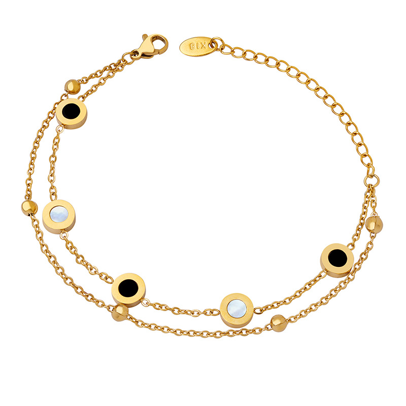 18K Gold Plated Layered Bracelet, Double - Chain with Black & White Circular Charms, Trendy Dainty Jewelry for Women