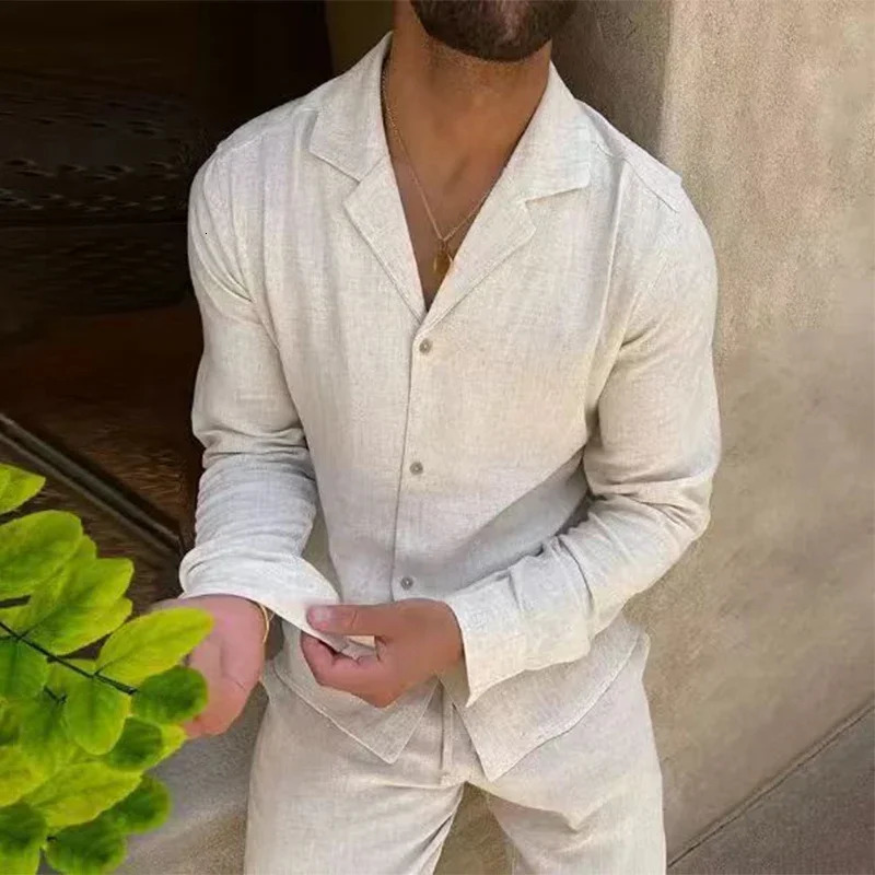 All Match Mens Tracksuit Fashion Solid Two Piece Slim Suit Autumn Long Sleeve Button Shirts Top Drawstring Pants Set 250619