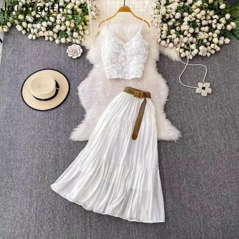 Women Clothing Two Piece Sets 3D Floral Tunic Sequin Vest Crop Tops High Waist Ruffles Skirt Outfits Fashion Korean Summer Suit
