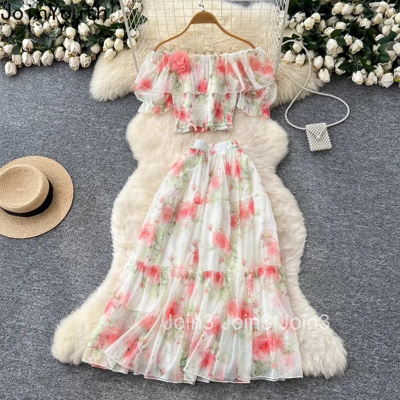 Sweet Two Piece Sets 2025 Women Clothing Slash Neck Puff Sleeve Crop Tops High Waist Big Swing Skirt Outfits Summer Print Suit