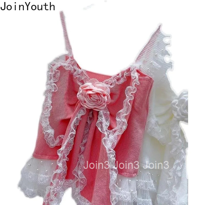 Sweet Knitted Vest Women Crop Tops Flying Sleeve Square Collar 3D Floral Camis Patchwork Lace Beading Ruffles Tanks Ropa Mujer