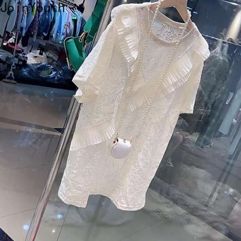 Oversized Tshirts for Women Patchwork Lace Summer Tees Fashion Casual Korean Tees Hollow Out Ruffles T-shirt 2025 Ropa Mujer