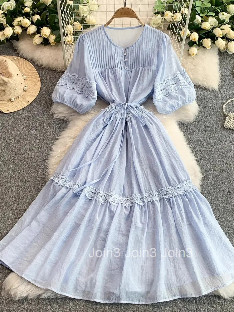 2025 Vestidos De Mujer Summer Dress for Women Slim Waist Patchwork Lace Robe Femme Lantern Sleeve O-neck Tunic Vintage Dresses