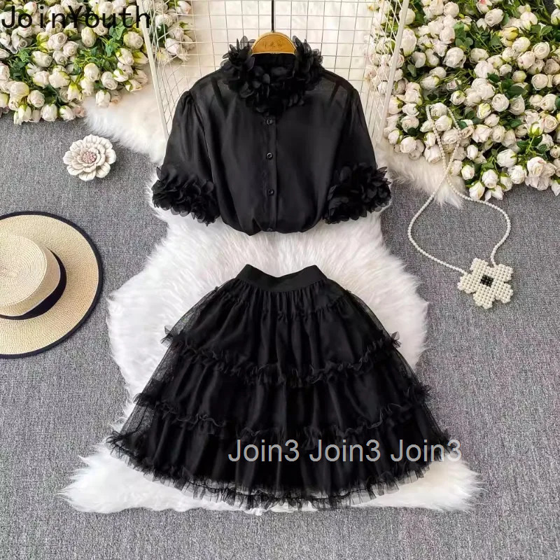 3 Piece Sets Women Clothing Skirt Outfits Floral Stand Neck Shirt Slim Fit Vest Ruffles Sweet Skirt Suit Chic Korean Summer Set