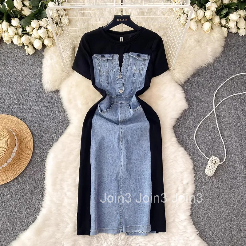 Denim Dresses Women O-neck Slim Waist Temperament TunicSplit Robe Femme 2025 Vestidos De Mujer Casual Chic Bodycon Y2k Dress