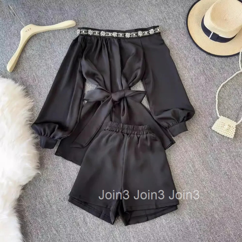 Shorts Suit Womens Clothing 2025 Two Piece Sets Diamond Slash Neck Bandage Tops Slim Fit Shorts Outfits Temperament Summer Set