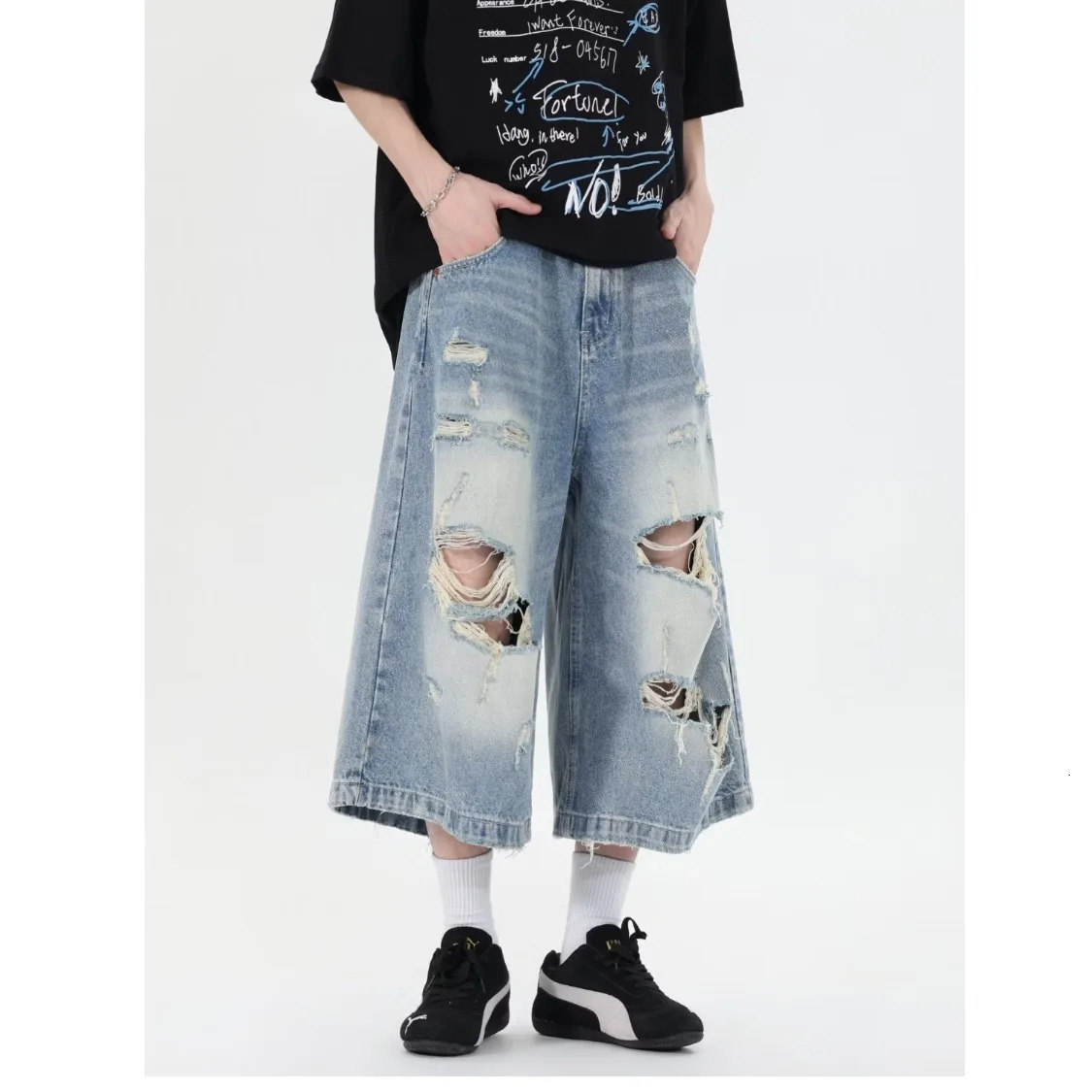 DM Ripped Mens Denim Shorts American Style High Street Loose Straight-leg Men Casual Pants Fashionable clothes 250618