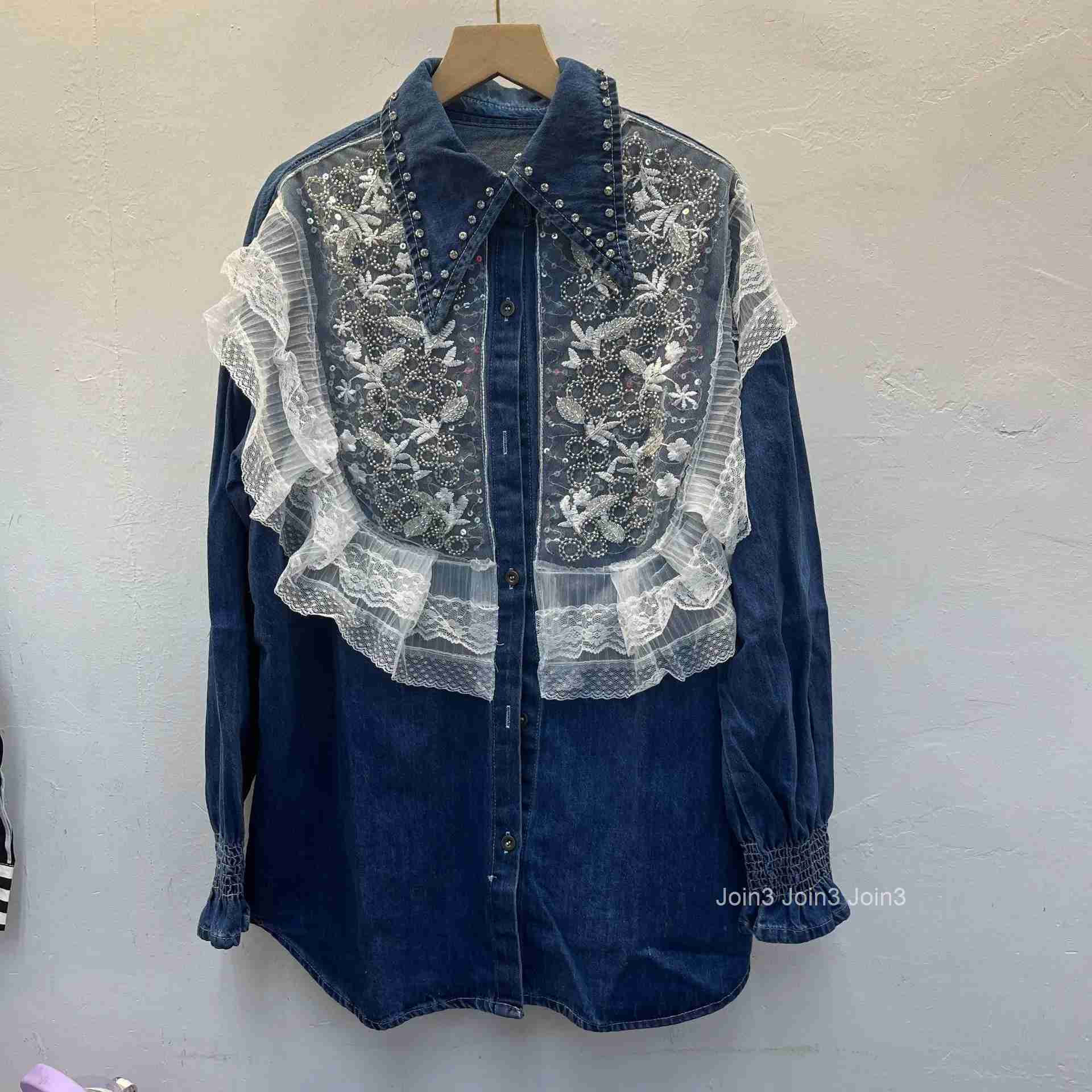 Fashion Blouse Women Clothes Denim Patchwork Lace Tops 2025 Blusas Mujer De Moda Casual Heavy Beading Sweet Korean Shirt Blouses