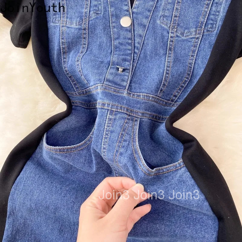 Denim Dresses Women O-neck Slim Waist Temperament TunicSplit Robe Femme 2025 Vestidos De Mujer Casual Chic Bodycon Y2k Dress