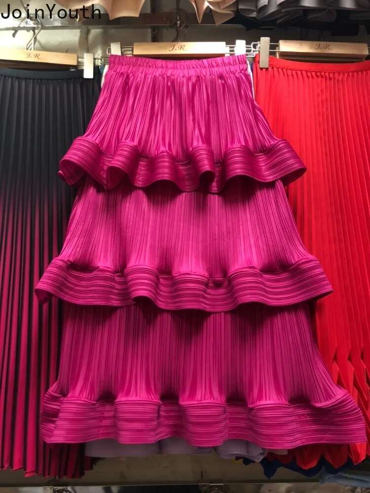 Folds Skirt Women Fashion Ruffles Jupe 2025 Faldas Mujer De Moda High Waist Solid Color A-line Saia Thin Summer Pleated Skirts