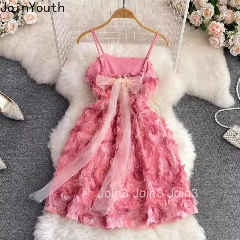 Sweet Dress for Women Temperament Sexy Sling Robe Femme 2025 Vestidos De Mujer Slim Waist 3D Floral A-line Summer Dresses 27v839