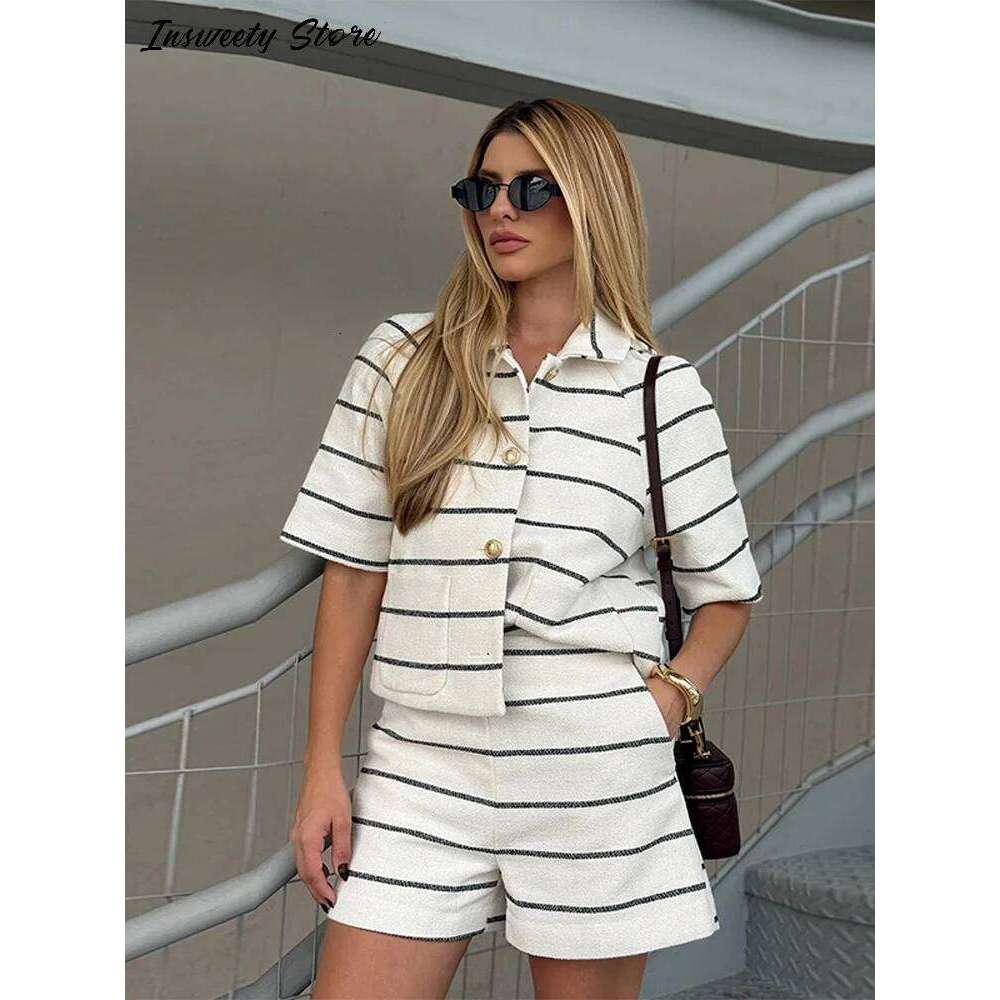 Casual Knitted Striped Shirts Set Women Single-breasted Lapel Half Sleeves Tops Loose High Waist Short 2025 Summer New Lady Suit