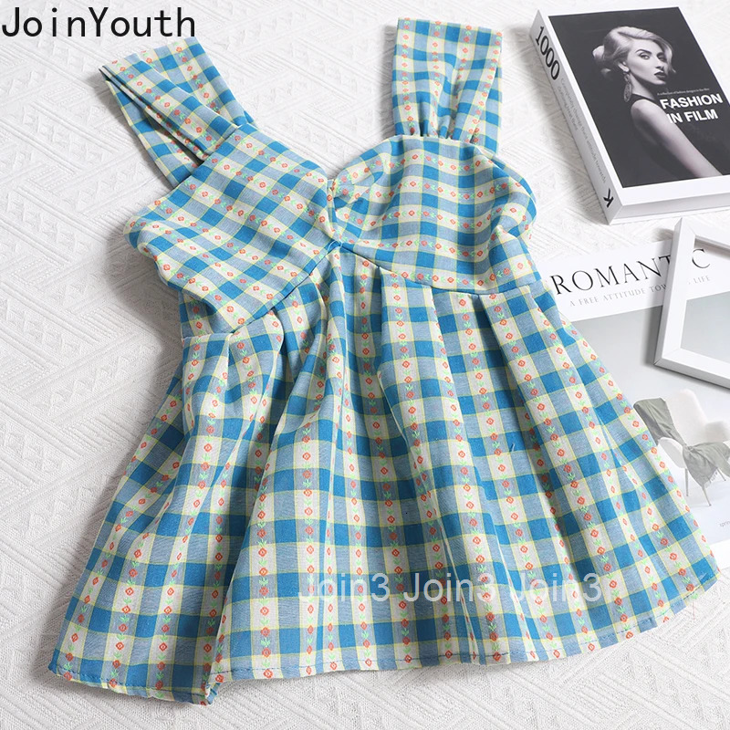 Women's Clothing Floral Vest Tunic Sleeveless Summer Tanks Cute Crop Tops Fashion Korean Sweet Camis Casual Plaid Vintage Top