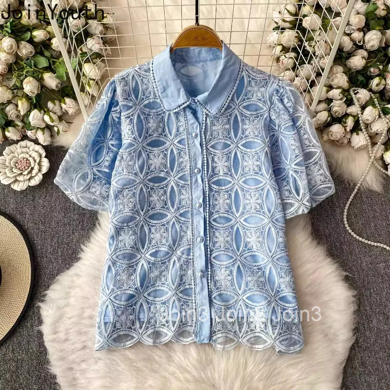 2025 Camisas De Mujer Summer Blouses Womens Clothing Patchwork Gauze Lace Puff Sleeve Shirts Temperament Blouse Tops Female
