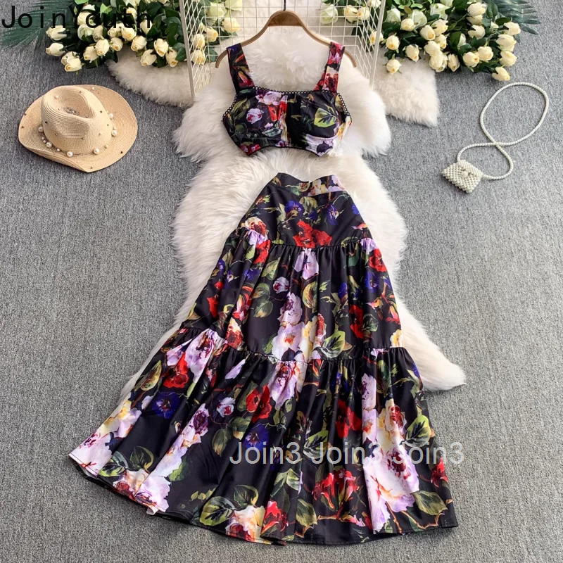 Skirt Outfits Women Clothing Summer 2 Piece Sets Sexy Tunic Crop Tops High Waist A-line Big Swing Skirts Suit Sweet Floral Set