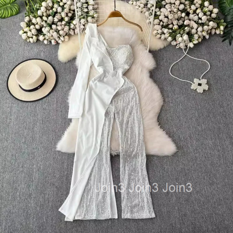 Temperament Korean Jumpsuits Women Clothing Contrast Color Off Shoulder Long Sleeve Bodysuit Heavy Sequin Summer Playsuit 7p519