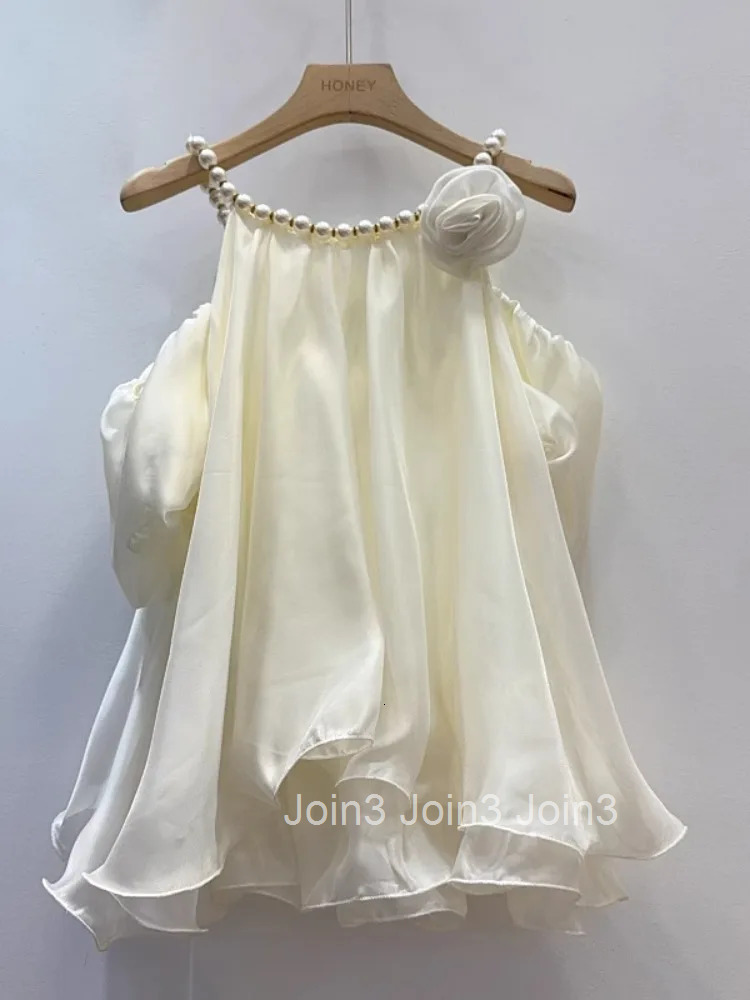Camisas De Mujer Beading O-neck Blouse Women Clothing Shrot Sleeve Loose Chiffon Shirts Fashion Off Shulder Summer Tops Female
