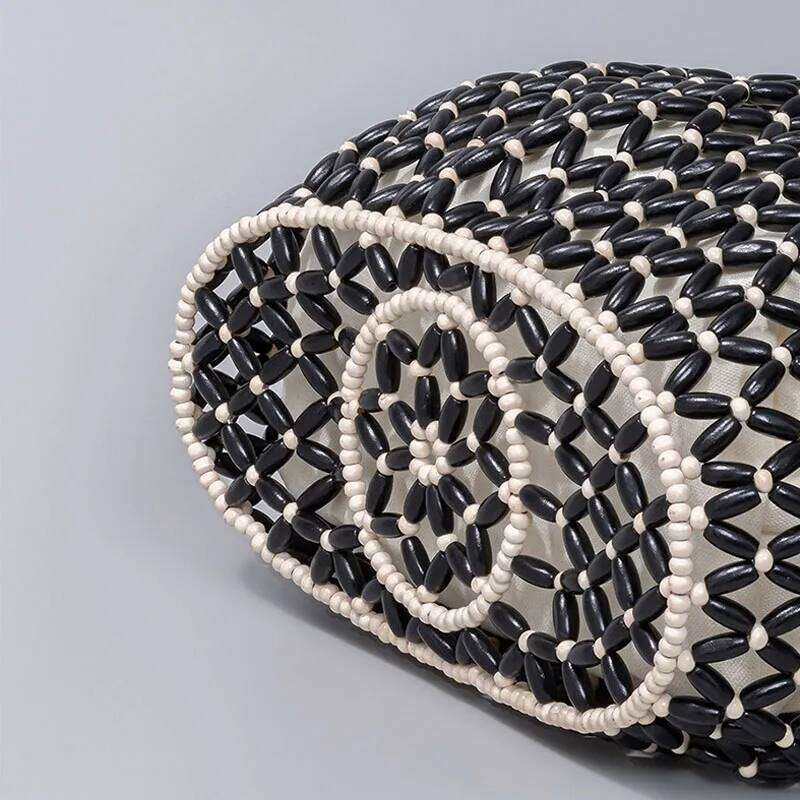 Designer straw bags Tote Bag Handmade Woven Women Handbag Exquisite Design Hollow-Out Wooden Beaded Shoulder Female