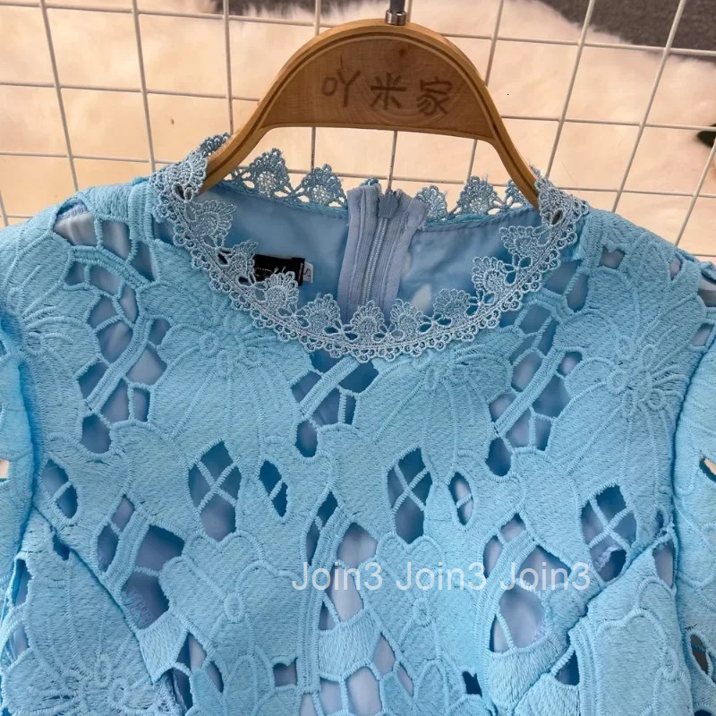 Sweet O-neck Lace Blue Dress Women Summer Slim Waist A-line Dresses Short Sleeve Mid-length Vestidos Mujer Vintage Robe Femme