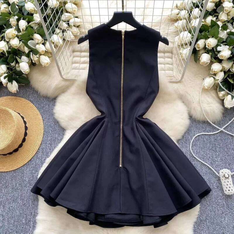 Vintage V-Neck Elegant Sleeveless Chic Double Breasted Slim Short Dresses French Fashion Streetwear High Street Autumn Clothing