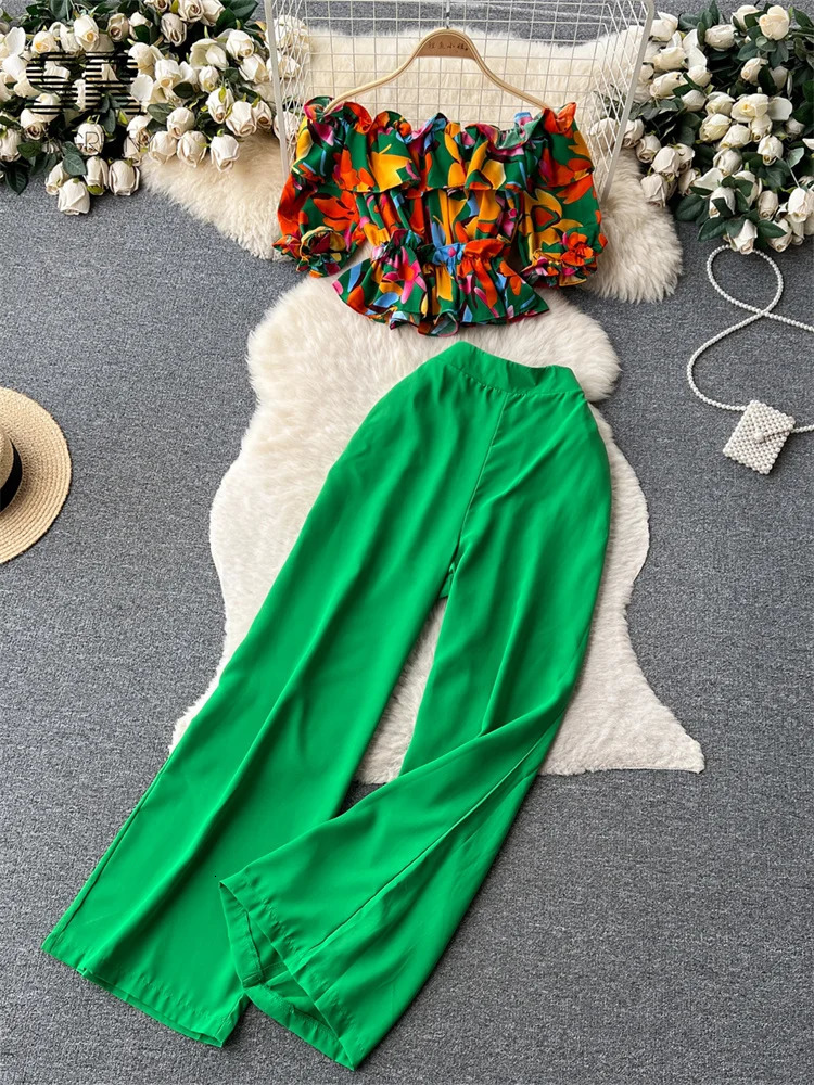 SINGREINY Fashion Two Piece Sets Women Ruffles Floral Print Shirt Elastic Waist Wide Leg Long Pants Korean Slim Summer Suit 250617