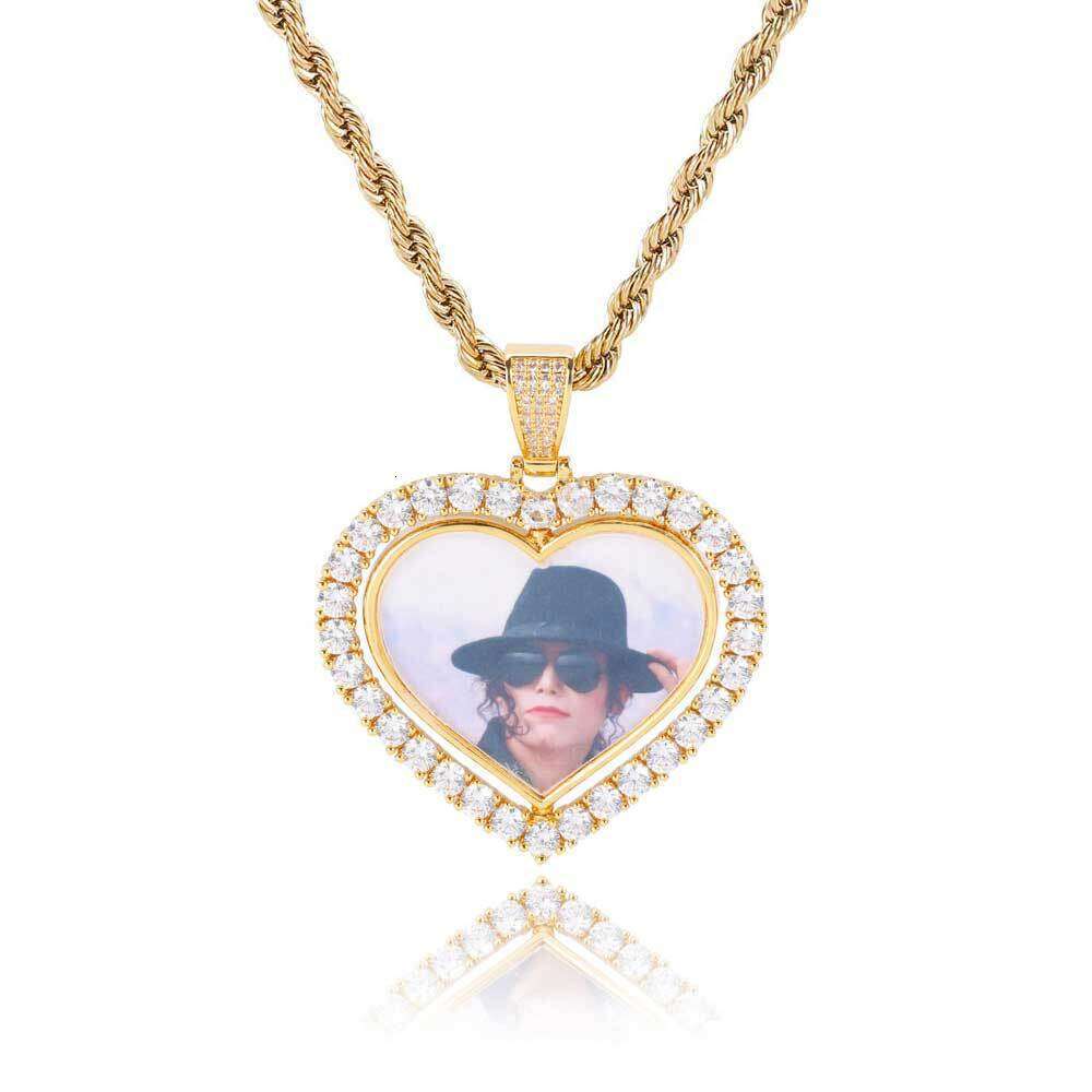 Hip Hop Rotatable Double-Sided Heart Micro-Paved Zircon Commemorative Frame Necklace Photo Pendant 2100