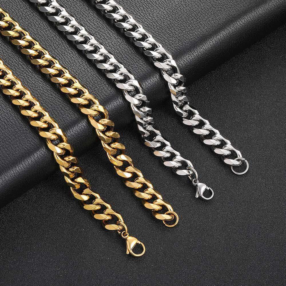 Trendy Hip-Hop 11mm Titanium Necklace Six-Sided Polished Cuban Chain Stainless Steel Men's Bracelet Jewelry 63f7