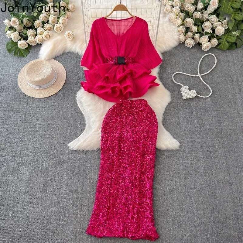 Temperament Skirt Suit V-neck Tunic Ruffles Short Sleeve Tops High Waist Bodycon Skirts 2025 Summer New Two Piece Sets Women