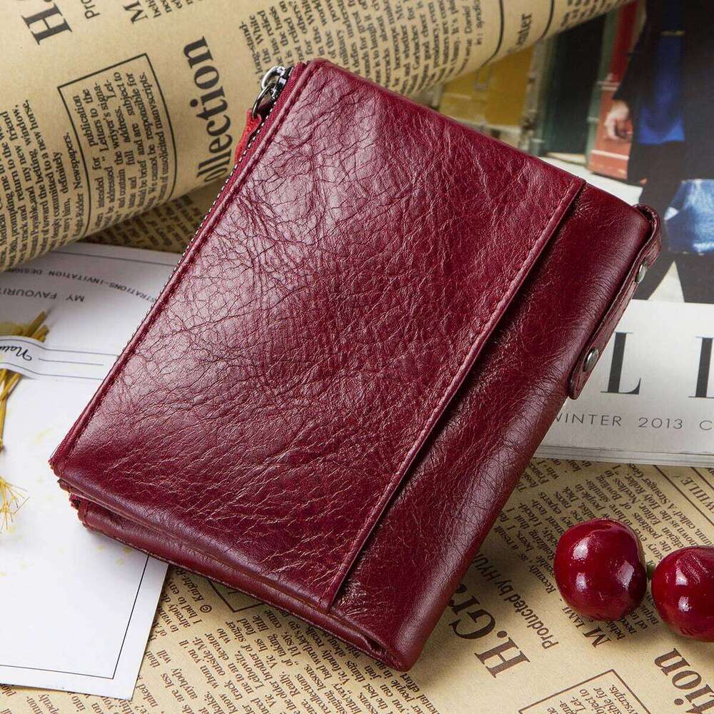 Genuine Leather Wallet Women Brand Double-Zipper Small Coin Purse Female Classic Money Bag ID Card Holder Name Engraving