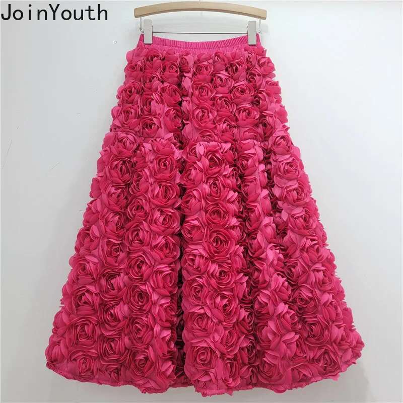 Chic 3D Floral Skirt for Women Temperament Jupe 2025 Faldas Mujer De Moda High Waist Loose Saia A-line Sweet Solid Color Skirts