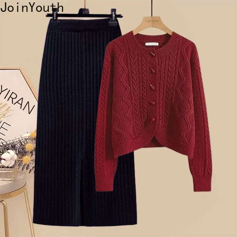 Skirt Suit Two Piece Sets Womens Outfits Roupas Femme O-neck Sweater Coat High Waist Bodycon Skirt Sets Casual Knitted Clothes