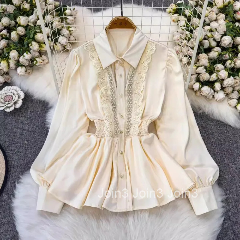 2025 Women Clothing Vintage Blouses Camisas De Mujer Long Sleeve Slim Waist Beading Shirt Patchwork Lace Chic Summer Blouse Tops
