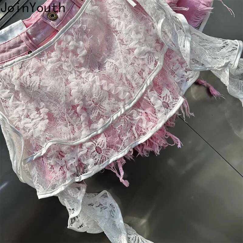 Y2k Shorts Women 2025 New Bottoms Patchwork Lace Summer Wide Leg Shorts Fashion Korean Denim Pants Pantalones Cortos De Mujer