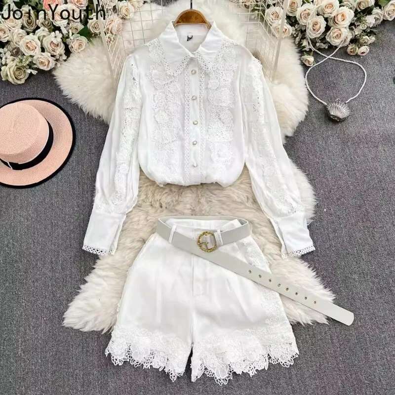 Women Clothing Shorts Outfits Summer Two Piece Sets Long Sleeve Lace Shirt High Waist Wide Leg Shorts Suit Vintage Korean Set