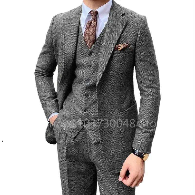 3 Piece Grey/Brown Mens Herringbone Wedding Suit Prom Tuxedos Peak Lapel Tweed For Business Slim Fit (Blazer+Vest+Pants)