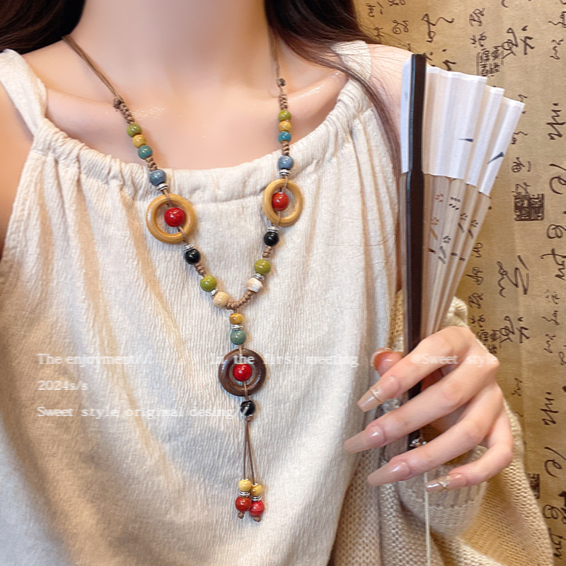 Druzy jewelry Bohemian Style Ceramic Necklace for Women Elegant Zen Long Sweater Chain Exotic Ethnic Style Accessory