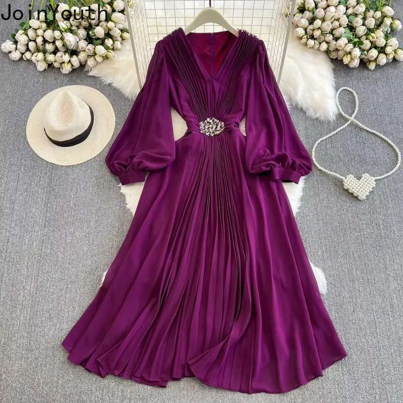 Elegant Maxi Dresses Holidays Chic Ropa Mujer V Neck Lantern Sleeve Chiffon Slim Waist Vestido Femme Pleated Big Swing Dress
