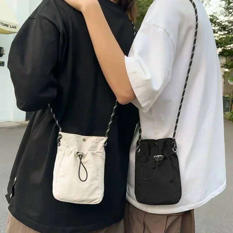 Korean Mini Nylon Shoulder For Men Women Chic Crossbody Bucket Bag Casual Small Handbag Drawstring Buckle Purse Phone Pouch