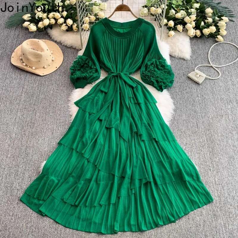 Summer Womens Dresses 2025 Vestidos De Mujer Solid Color Ruffles Slim Waist Temperament Robe Femme Folds Elegant Maxi Dress